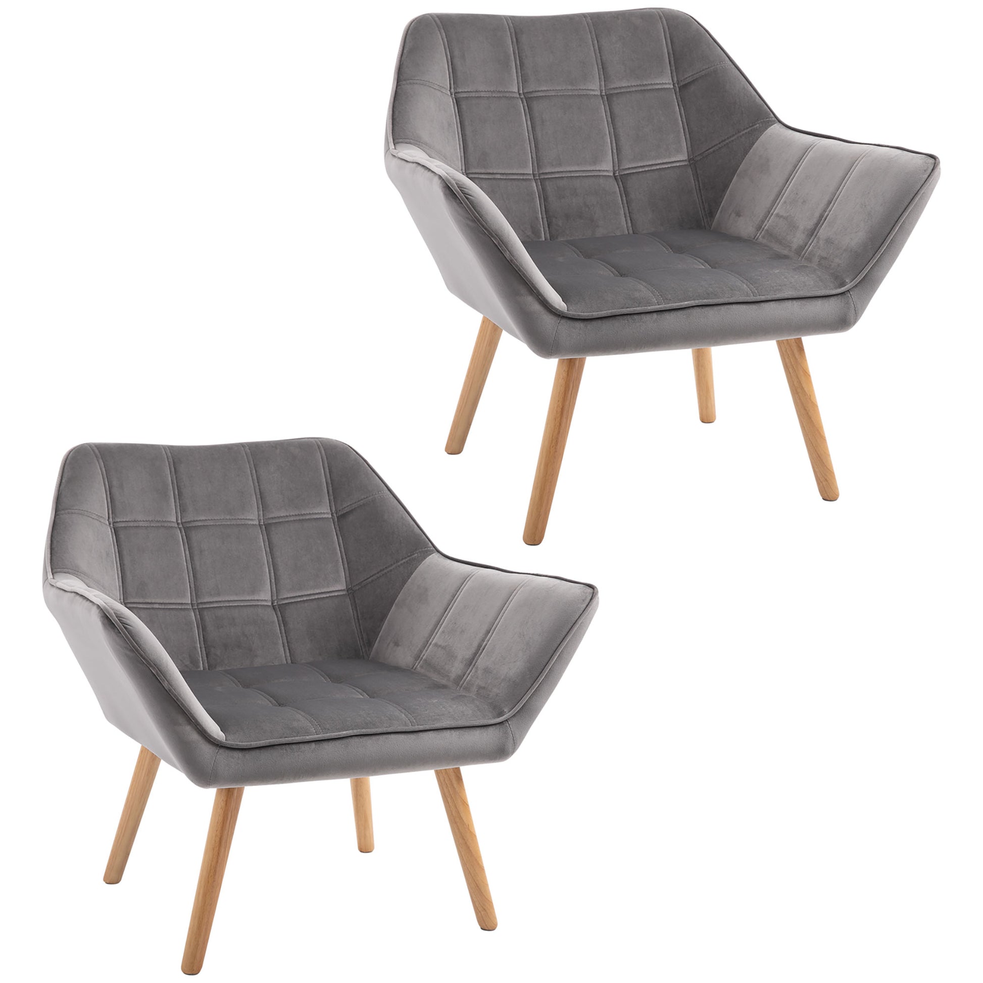 Photo of HOMCOM Accent Chair, Velvet Upholstered Vanity Tub Chair with Flared Armrests, Slanted Back, Solid Wood Legs, Comfy Padding Armchair, Home Bedroom Furniture Seating, Set of 2, Grey in Grey colour on a white background