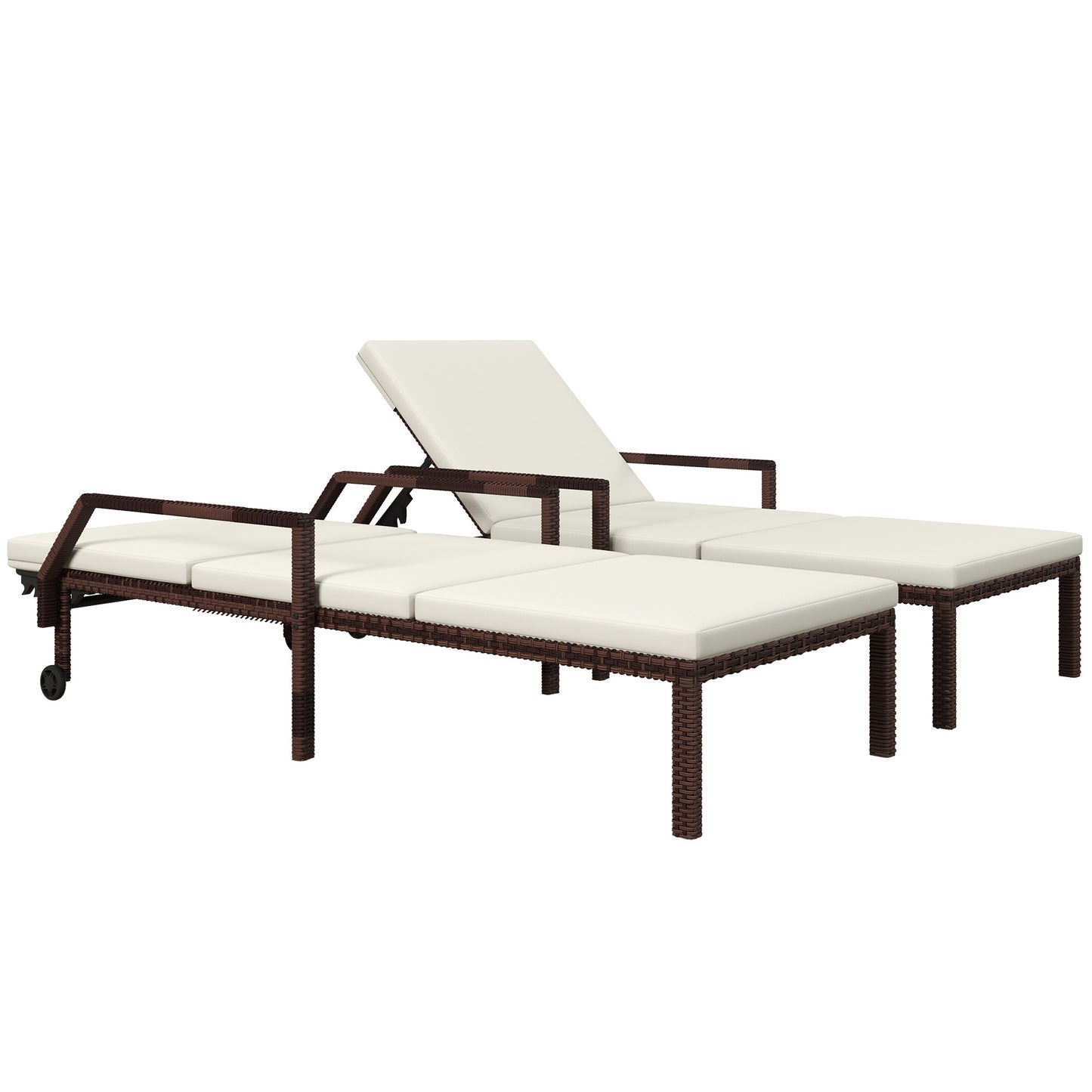Photo of Outsunny Outdoor PE Rattan Sun Lounger Set of 2, Wicker Chaise Recliner Garden Chair with 5-Level Adjustable Backrest and 2 Wheels, Cream White in White colour on a white background