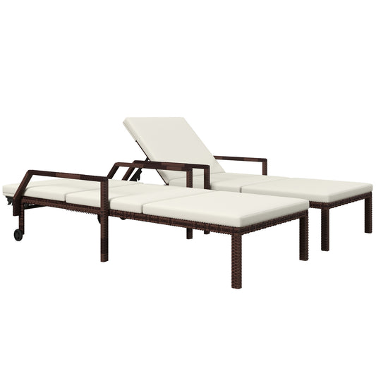 Photo of Outsunny Outdoor PE Rattan Sun Lounger Set of 2, Wicker Chaise Recliner Garden Chair with 5-Level Adjustable Backrest and 2 Wheels, Cream White in White colour on a white background