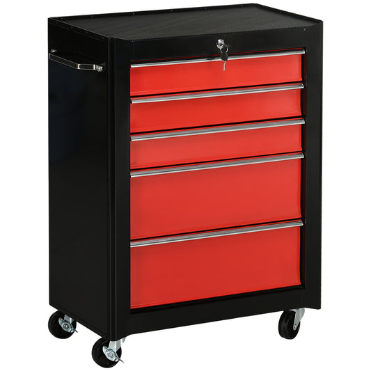 Photo of HOMCOM 5-Drawer Tool Chest, Lockable Steel Tool Storage Cabinet with Wheels and Handle Tool Box for Garage, Workshop, Red in Red colour on a white background