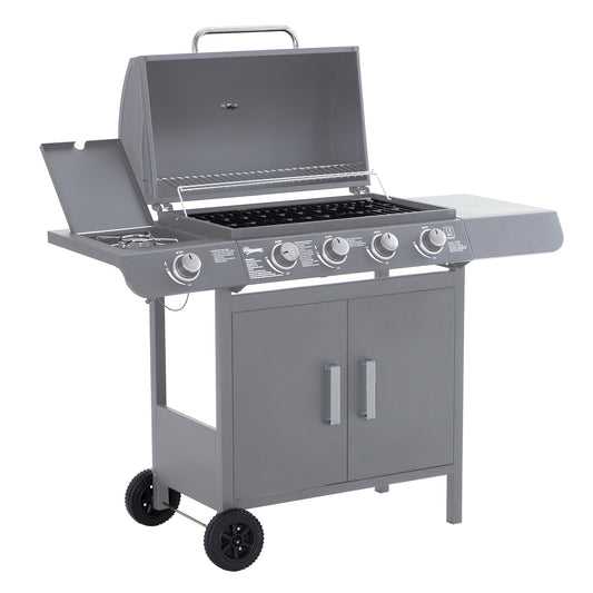 Photo of Outsunny 4+1 Burner Gas BBQ Grill, Outdoor Barbecue Trolley with Wheels, Warming Rack, Side Shelves, Cabinet, Thermometer for Garden, Party, Camping, 125W x 51D x 100Hcm, Grey in Grey colour on a white background
