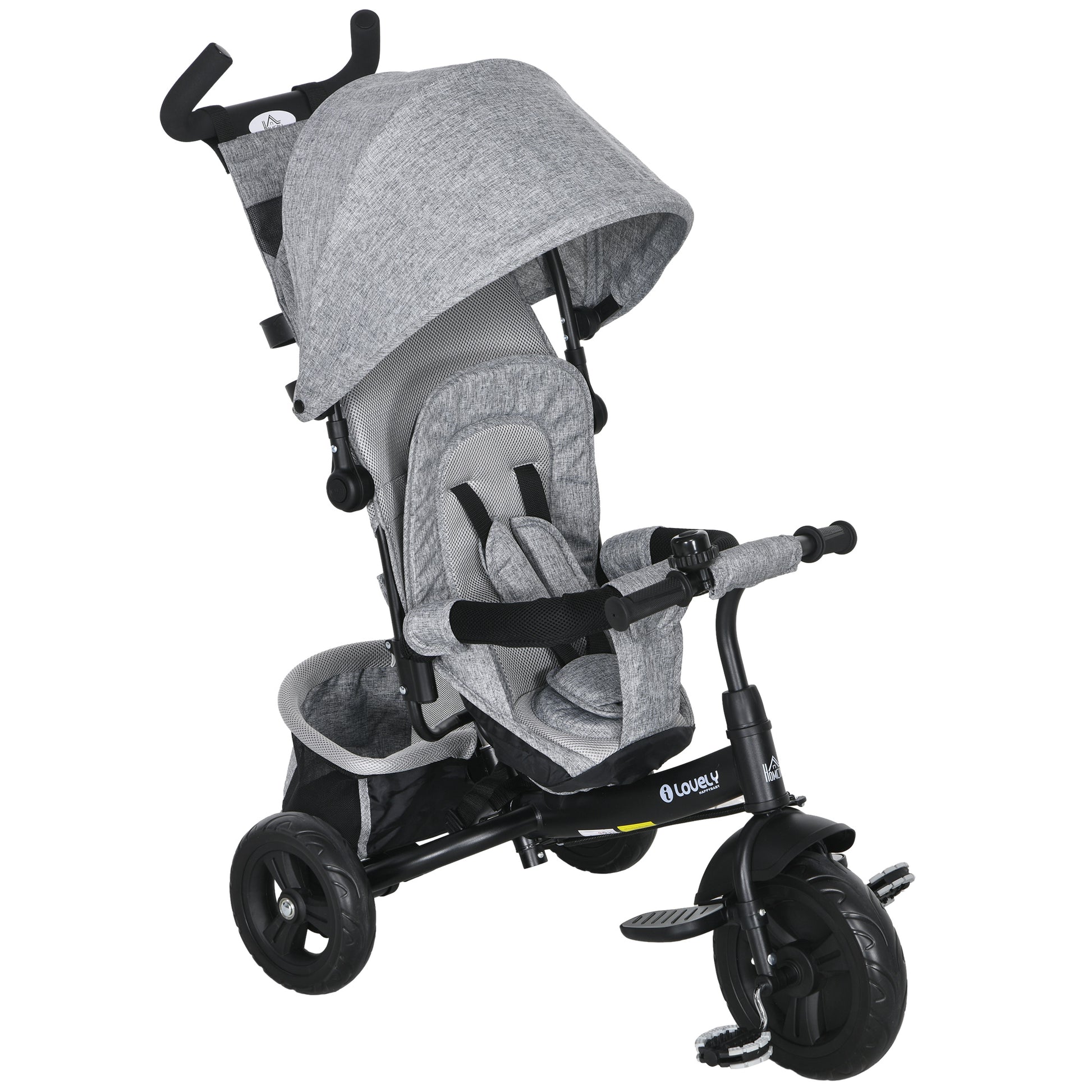 Photo of HOMCOM 6 in 1 Kids Trike with Parent Handle, Canopy, 5-point Seat Belt, Storage, Footrest, Brake, for 1-5 Years, Grey in Grey colour on a white background