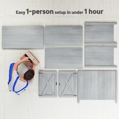 Outsunny shed assembly parts, including gray wood panels and double doors