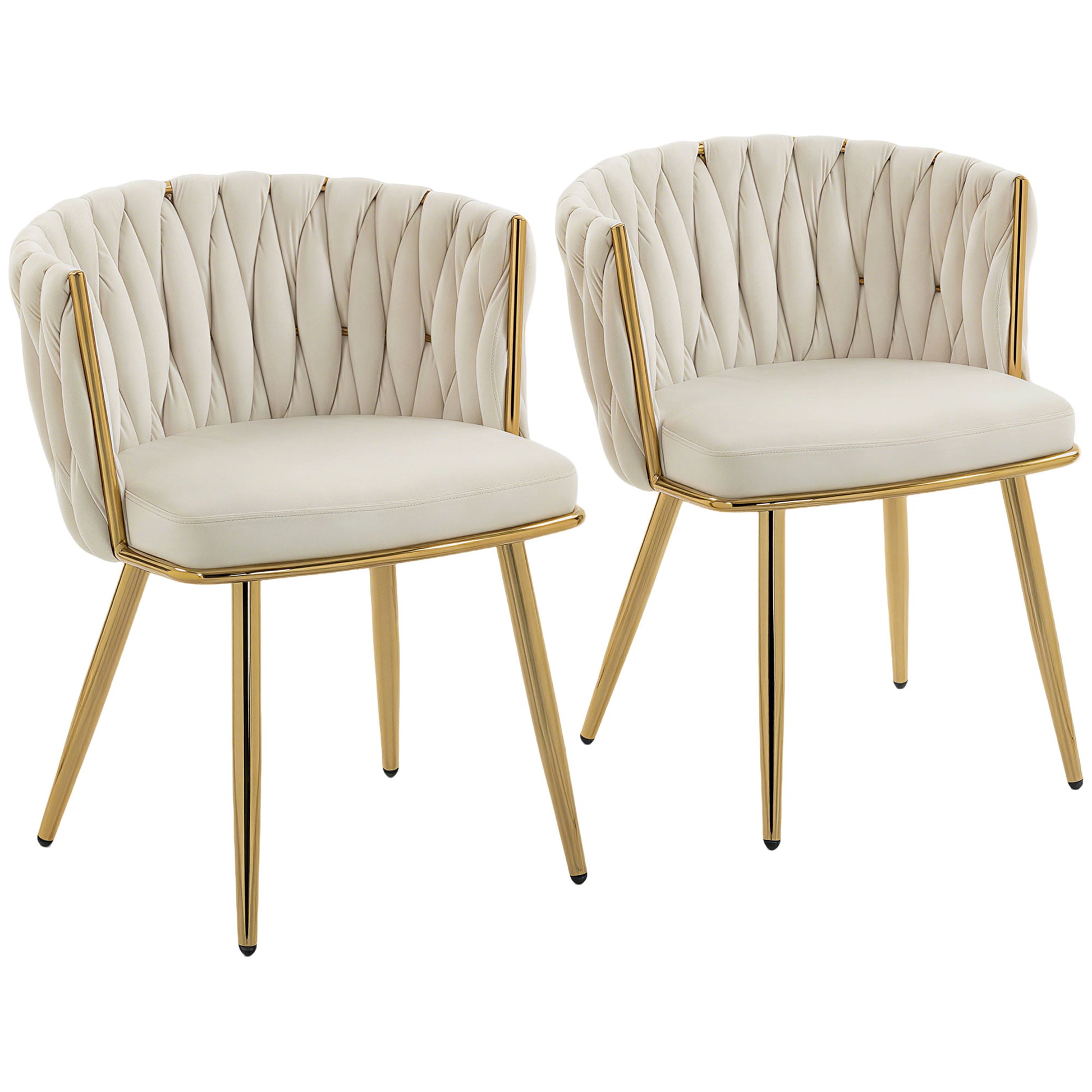 Photo of HOMCOM Velvet-Feel Dining Chairs Set of 2, Modern Upholstered Armchair with Knot Design and Golden Metal Legs, Accent Chair for Dining Room, Bedroom, Kitchen, Living Room, Cream in Cream colour on a white background