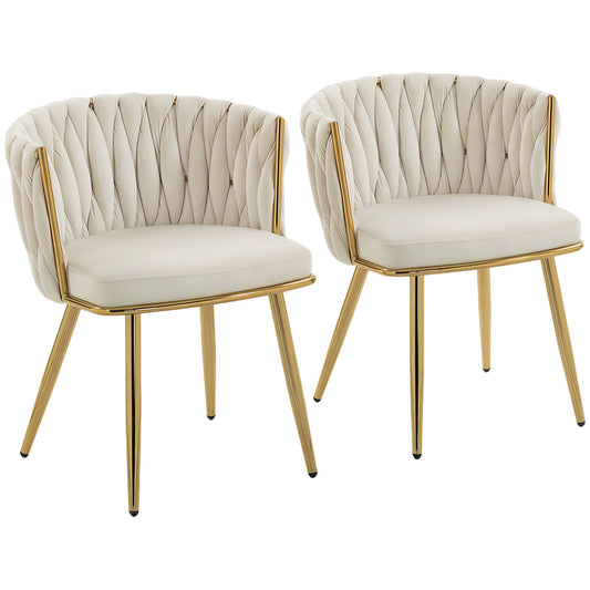 Photo of HOMCOM Velvet-Feel Dining Chairs Set of 2, Modern Upholstered Armchair with Knot Design and Golden Metal Legs, Accent Chair for Dining Room, Bedroom, Kitchen, Living Room, Cream in Cream colour on a white background