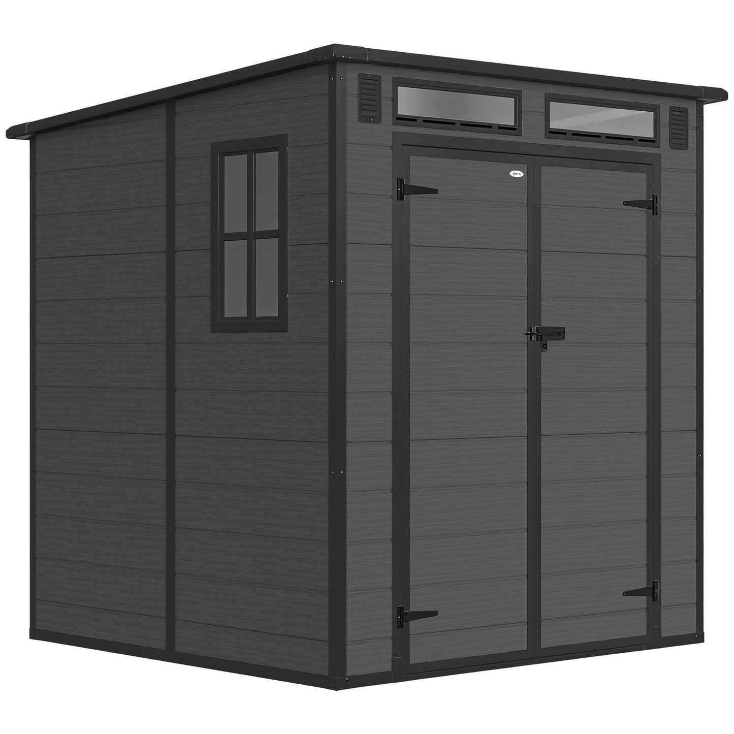 Photo of Outsunny 6 x 6 ft Plastic Garden Shed, Wood-Effect Outdoor Storage Shed with Floor, Windows, Lockable Doors and Vents, Dark Grey in Grey colour on a white background