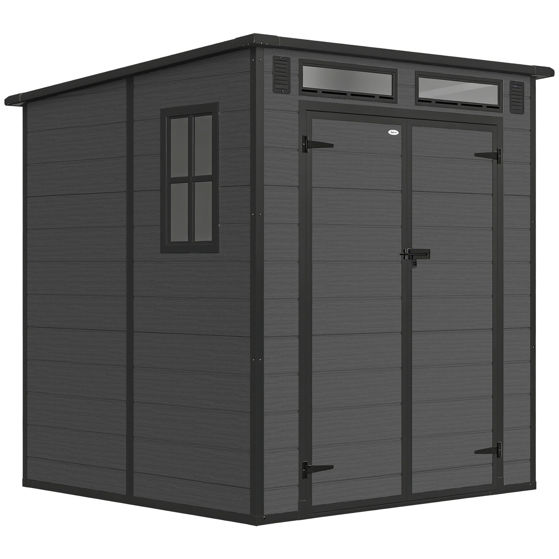 Photo of Outsunny 6 x 6 ft Plastic Garden Shed, Wood-Effect Outdoor Storage Shed with Floor, Windows, Lockable Doors and Vents, Dark Grey in Grey colour on a white background