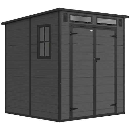 Photo of Outsunny 6 x 6 ft Plastic Garden Shed, Wood-Effect Outdoor Storage Shed with Floor, Windows, Lockable Doors and Vents, Dark Grey in Grey colour on a white background