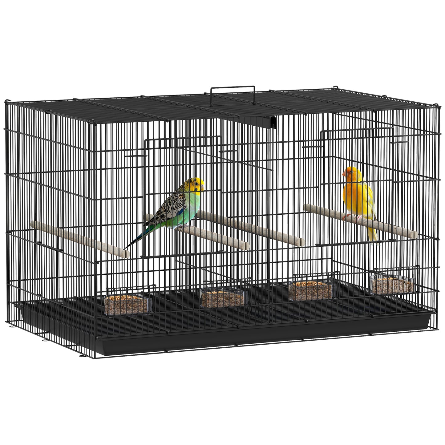 Photo of PawHut Bird Cage with Divider, 4 Wooden Perches, Slide Out Tray, 4 Feeders, for Budgie, Lovebird, Canary, 76 x 46 x 46cm, Black in Black colour on a white background