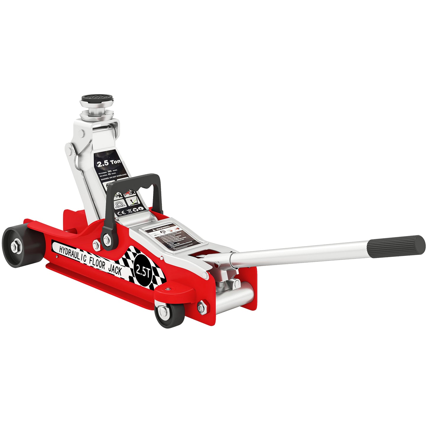 Photo of HOMCOM Hydraulic Low Profile Floor Jack, 2.5 Tonne Heavy Duty Steel Trolley Car Jack Lift with 80-360 mm Lifting Range, Wheels, Top Handle, Red in Red colour on a white background