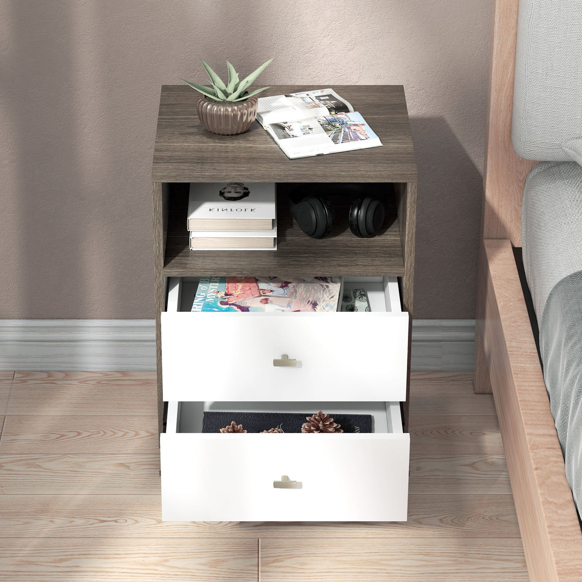 HOMCOM bedside table viewed from above with open cubby and two extended drawers