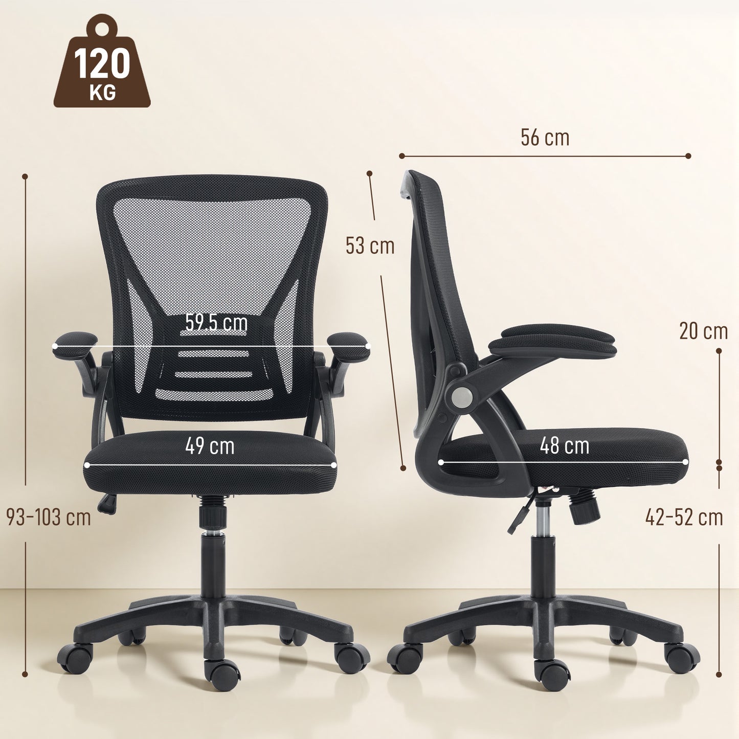 HOMCOM Office Chair, Mesh Desk Chair with Flip-up Armrests, Lumbar Support, Adjustable Height, Black