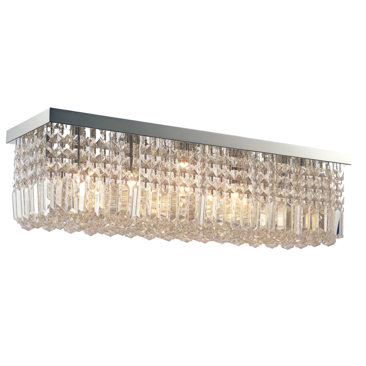 Silver rectangular crystal ceiling chandelier with rows of clear hanging prisms