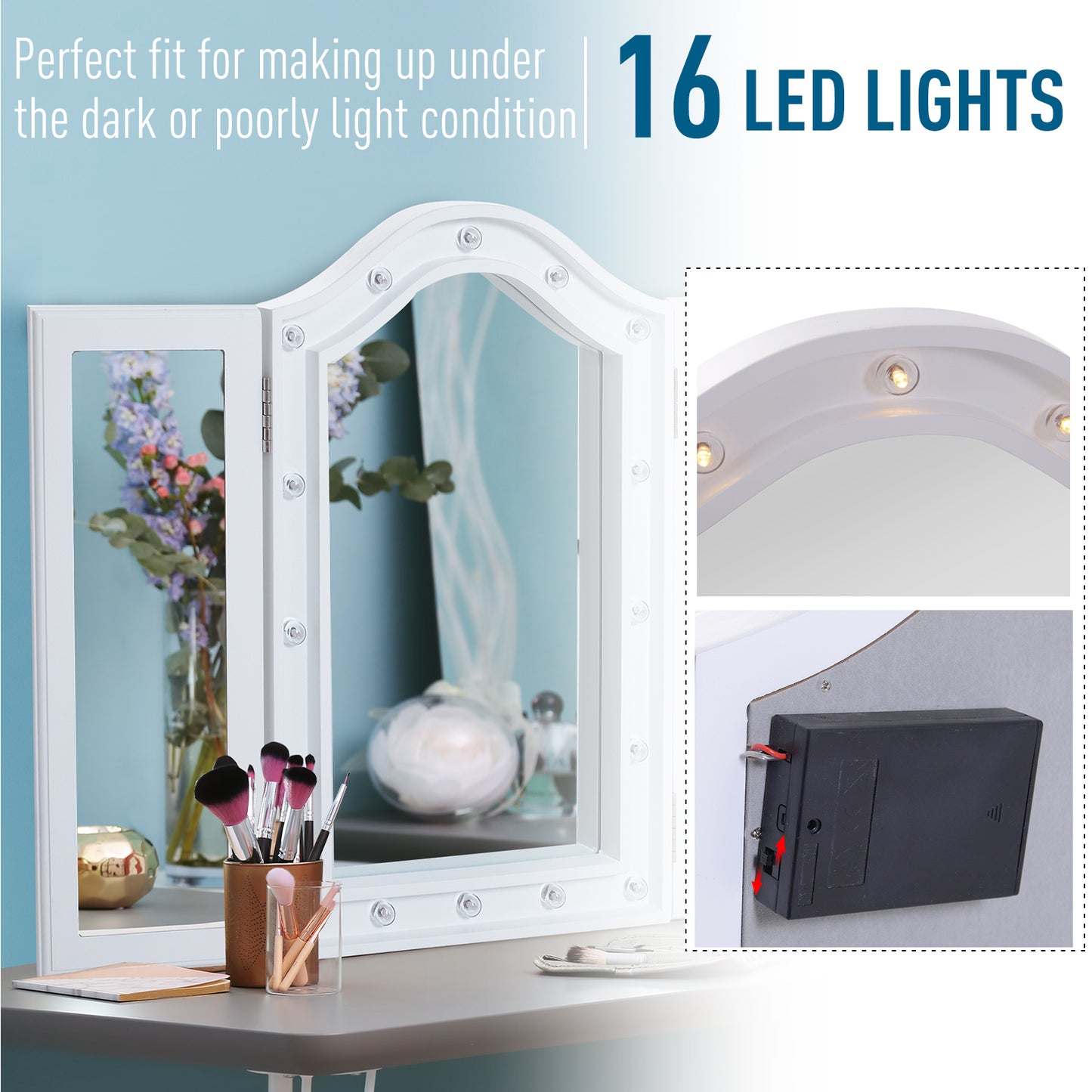 HOMCOM Trifold Tabletop Mirror, 73x53.5cm Makeup Mirror Large Cosmetic w/16 LED Lights Powered by Batteries, Foldable For Bedroom, White