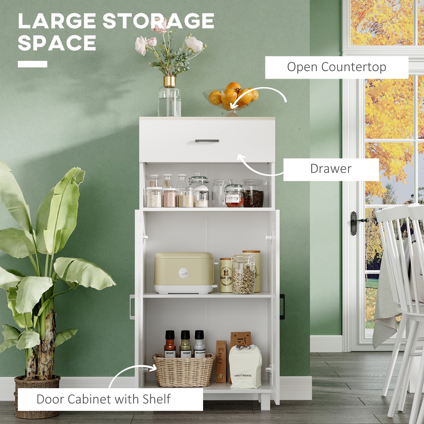 HOMCOM Sideboard, Nordic Storage Cabinet with Drawer, Doors and Open Countertop, Freestanding Kitchen Cupboard for Living Room, Dining Room, 130cm, White