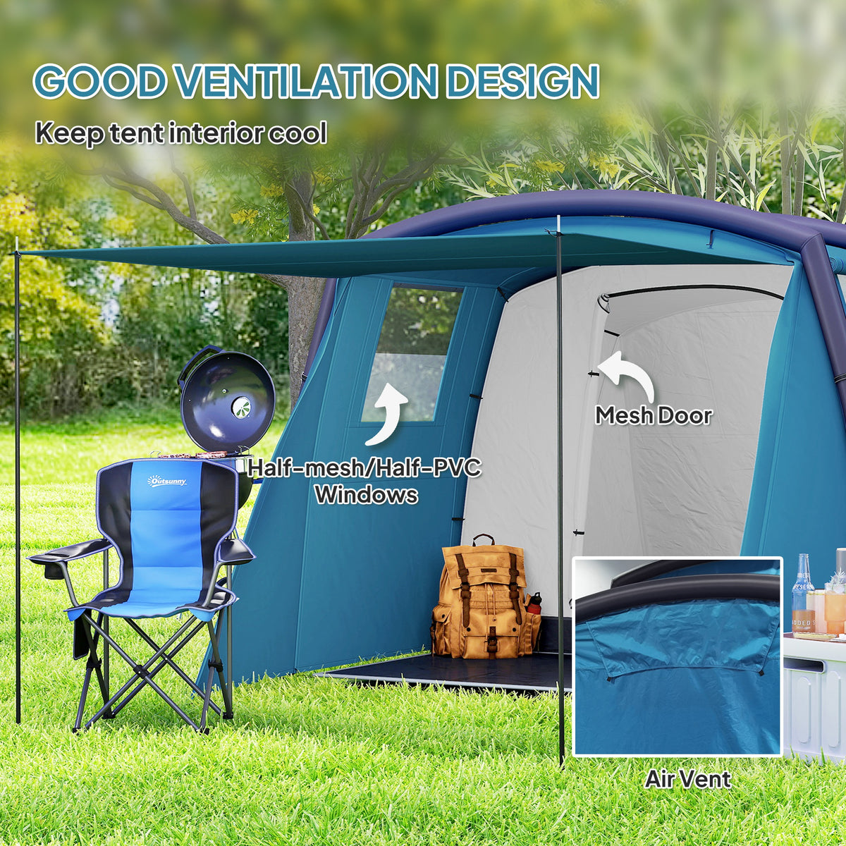 Outsunny Inflatable 3 Man Tunnel Tent w/ Air Pump, Living Area & Vestibule, Waterproof Family Camping Air Tent, Groundsheet, Removable Footprint for Hiking, 440L x 280W x 195Hcm, Blue