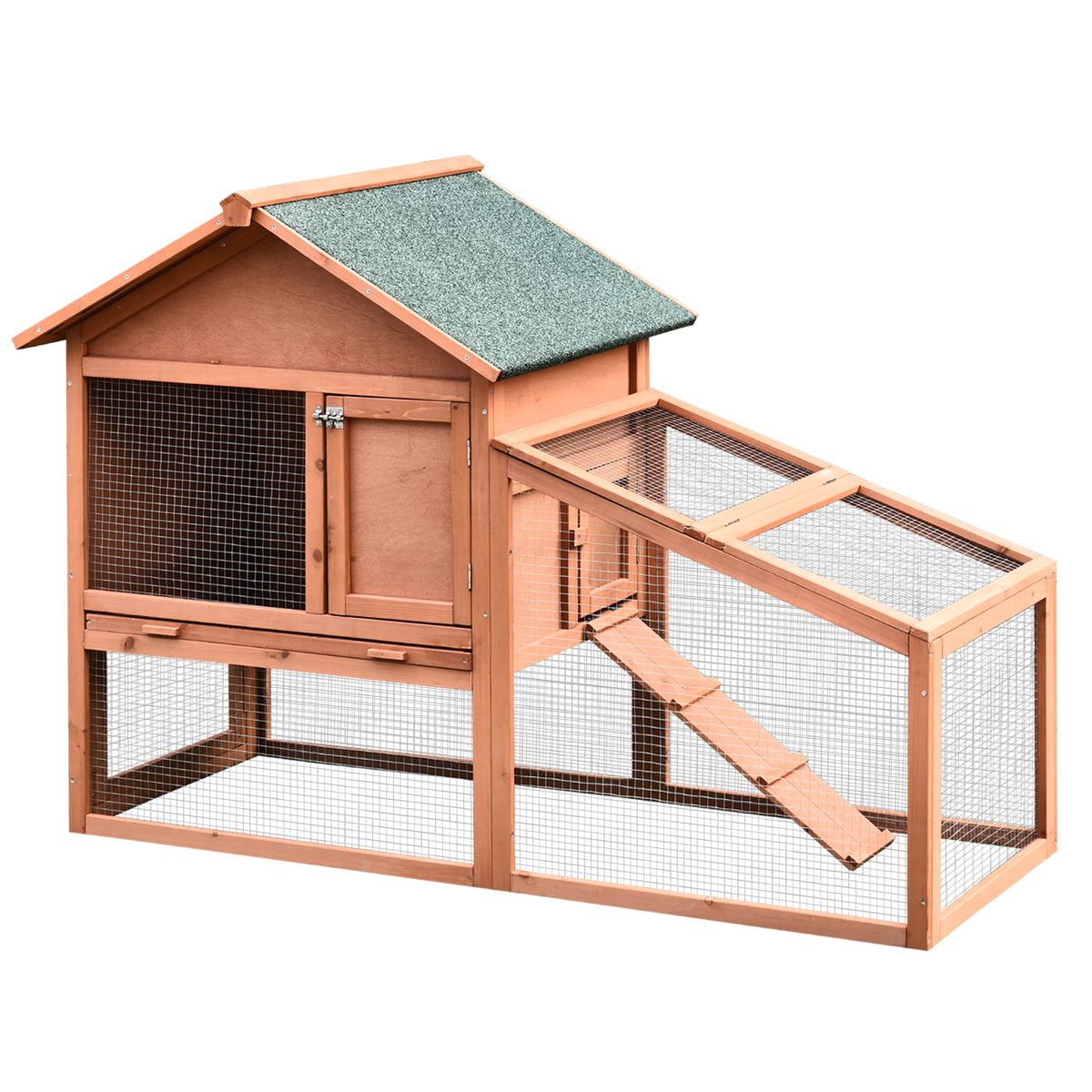 Photo of PawHut 2-Tier Outdoor Rabbit Hutch with Large Run, Ramp & Slide-Out Tray, Fir Wood, 144 x 64.5 x 100 cm, Orange in Orange colour on a white background