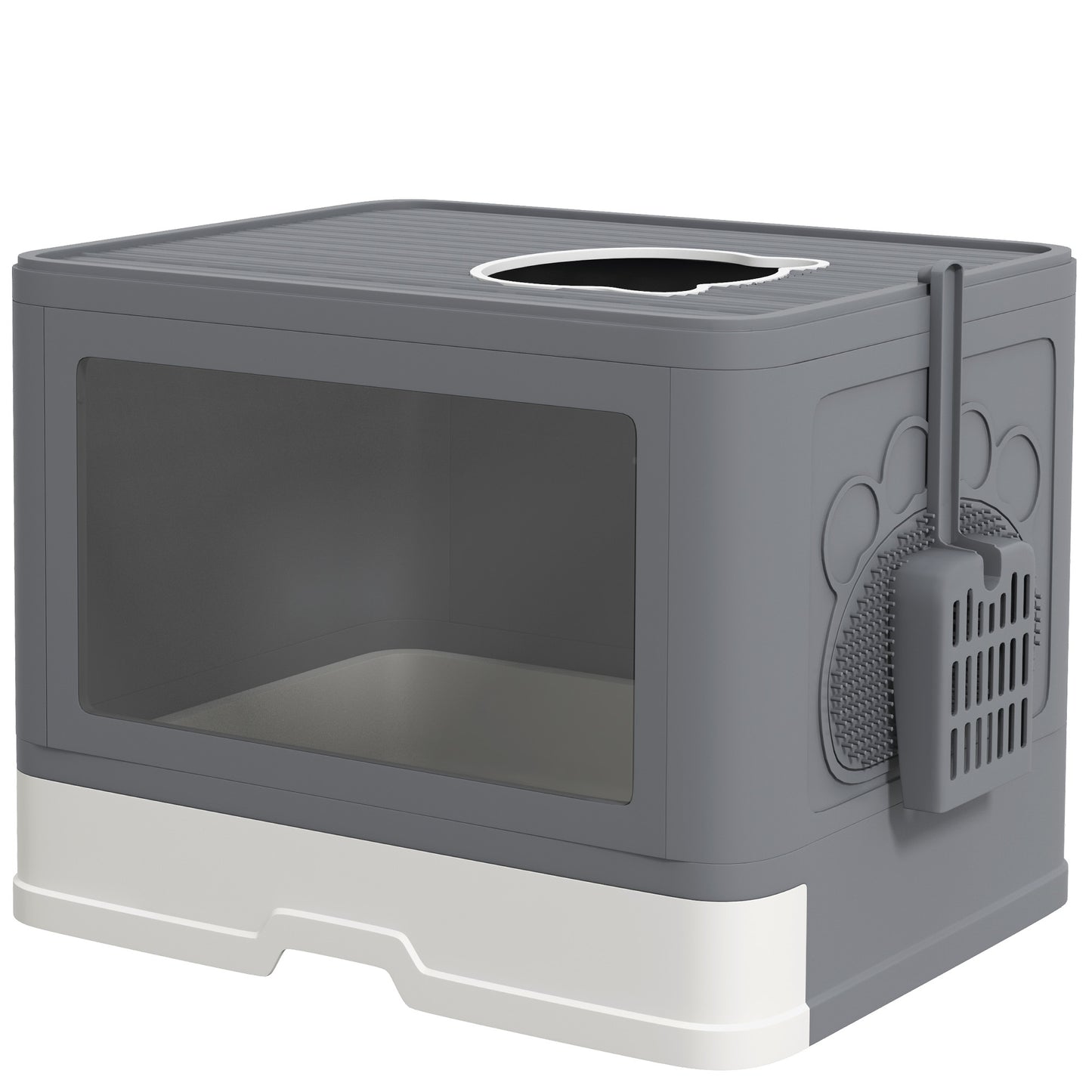 Photo of PawHut Enclosed Cat Litter Box with lid, Front Entry, Top Exit, Drawer, Tray, Scoop, Brush, 48.5 x 38 x 36.5cm - Grey in Grey colour on a white background