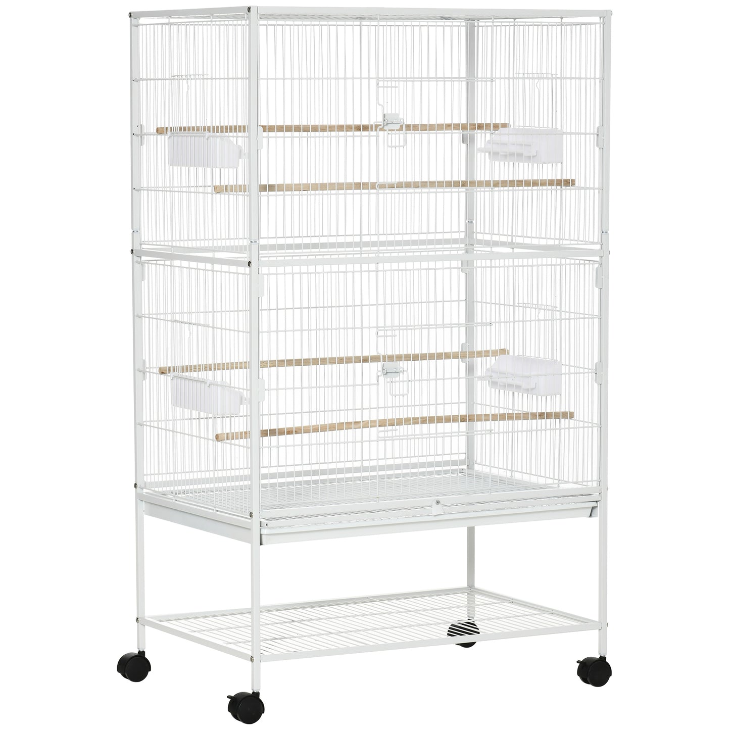 Photo of PawHut Large Bird Cage Budgie Cage for Finch Canaries Parakeet with Rolling Stand, Slide-out Tray, Storage Shelf, Food Containers, White in White colour on a white background