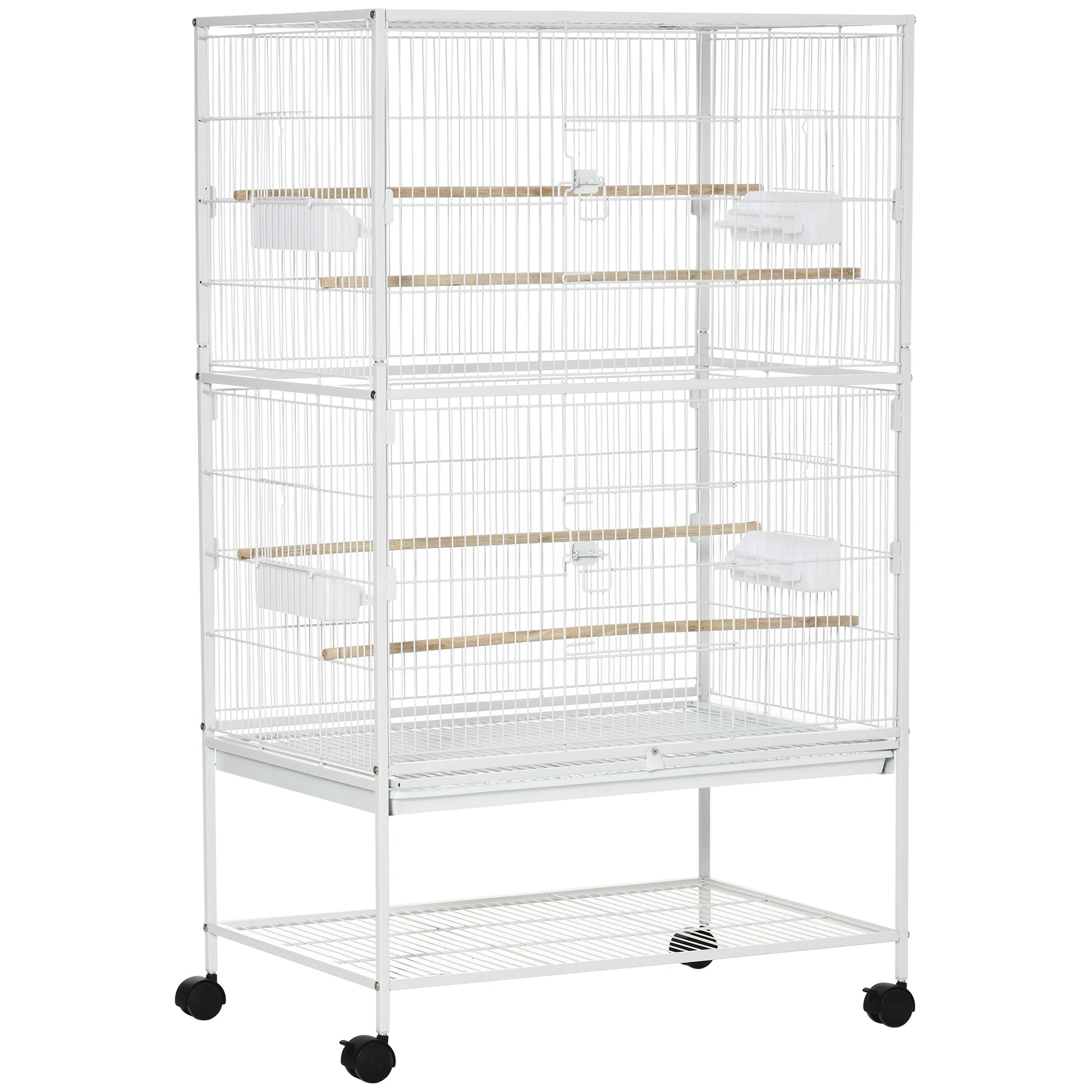 Photo of PawHut Large Bird Cage Budgie Cage for Finch Canaries Parakeet with Rolling Stand, Slide-out Tray, Storage Shelf, Food Containers, White in White colour on a white background