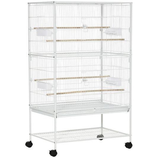 Photo of PawHut Large Bird Cage Budgie Cage for Finch Canaries Parakeet with Rolling Stand, Slide-out Tray, Storage Shelf, Food Containers, White in White colour on a white background