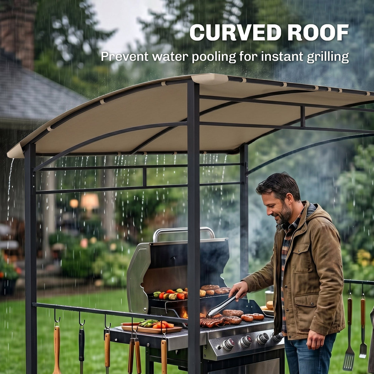 Outsunny BBQ gazebo with curved khaki canopy and hanging grill tools