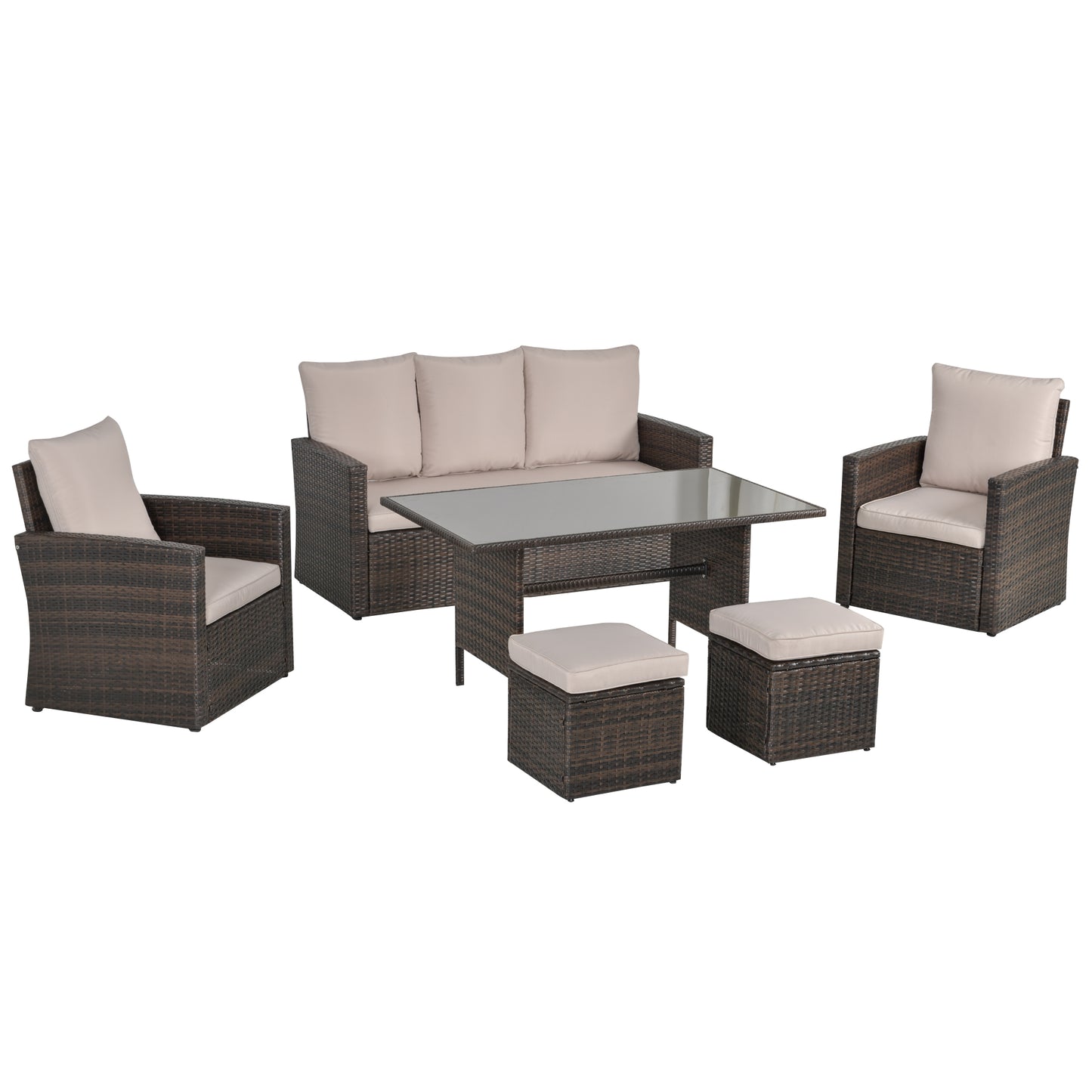 Photo of Outsunny Six-Piece Rattan Sofa Set, with Glass-Top Table - Mixed Brown in Brown colour on a white background