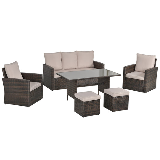 Photo of Outsunny Six-Piece Rattan Sofa Set, with Glass-Top Table - Mixed Brown in Brown colour on a white background