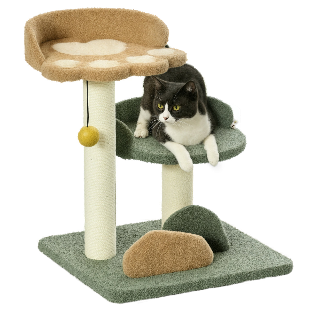 PawHut cat tree with two raised beds, sisal scratching posts, and a hanging toy ball