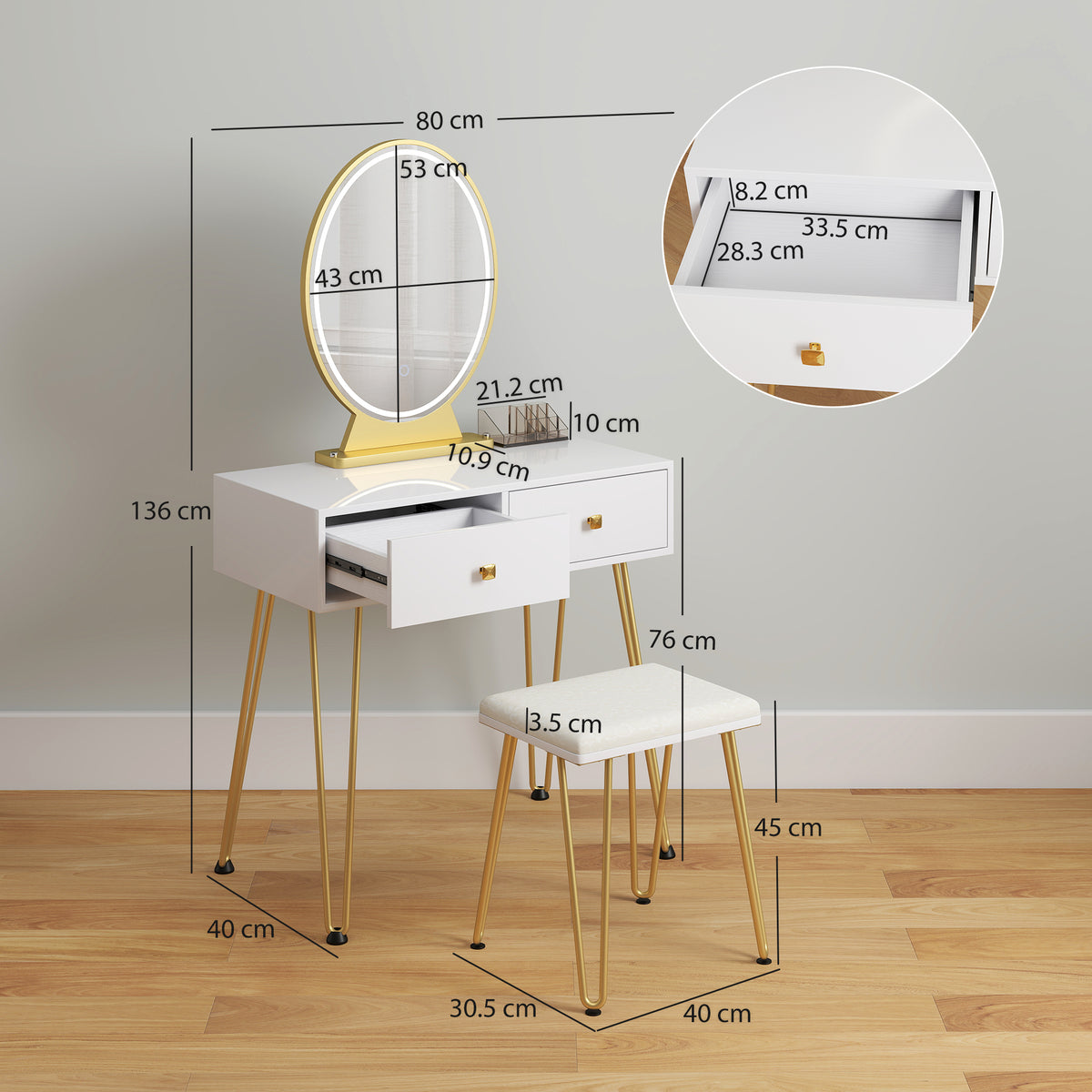 White vanity table and stool with oval mirror, drawers open to show storage and dimensions