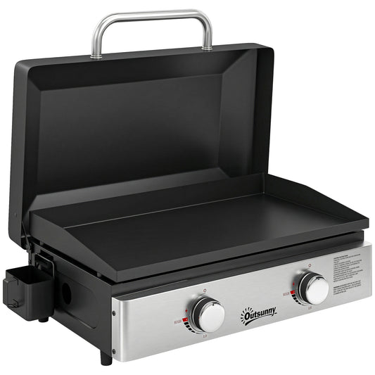 Photo of Outsunny 2 Burner Grill Griddle, Portable Gas Plancha, 6 kW, Tabletop Gas BBQ with Grease Cup for Camping Picnic Patios, Black in Black colour on a white background