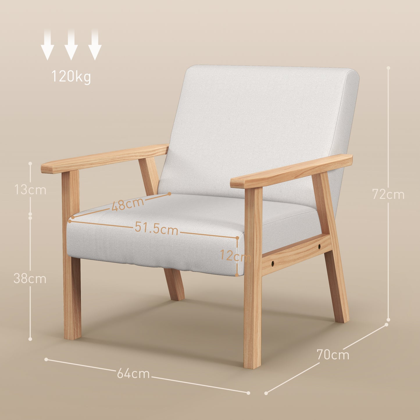 HOMCOM Modern Armchair, Linen Upholstered Accent Chair with Solid Wood Legs and Wide Seat, Padding Lounge Chair for Living Room Bedroom Office, Cream White