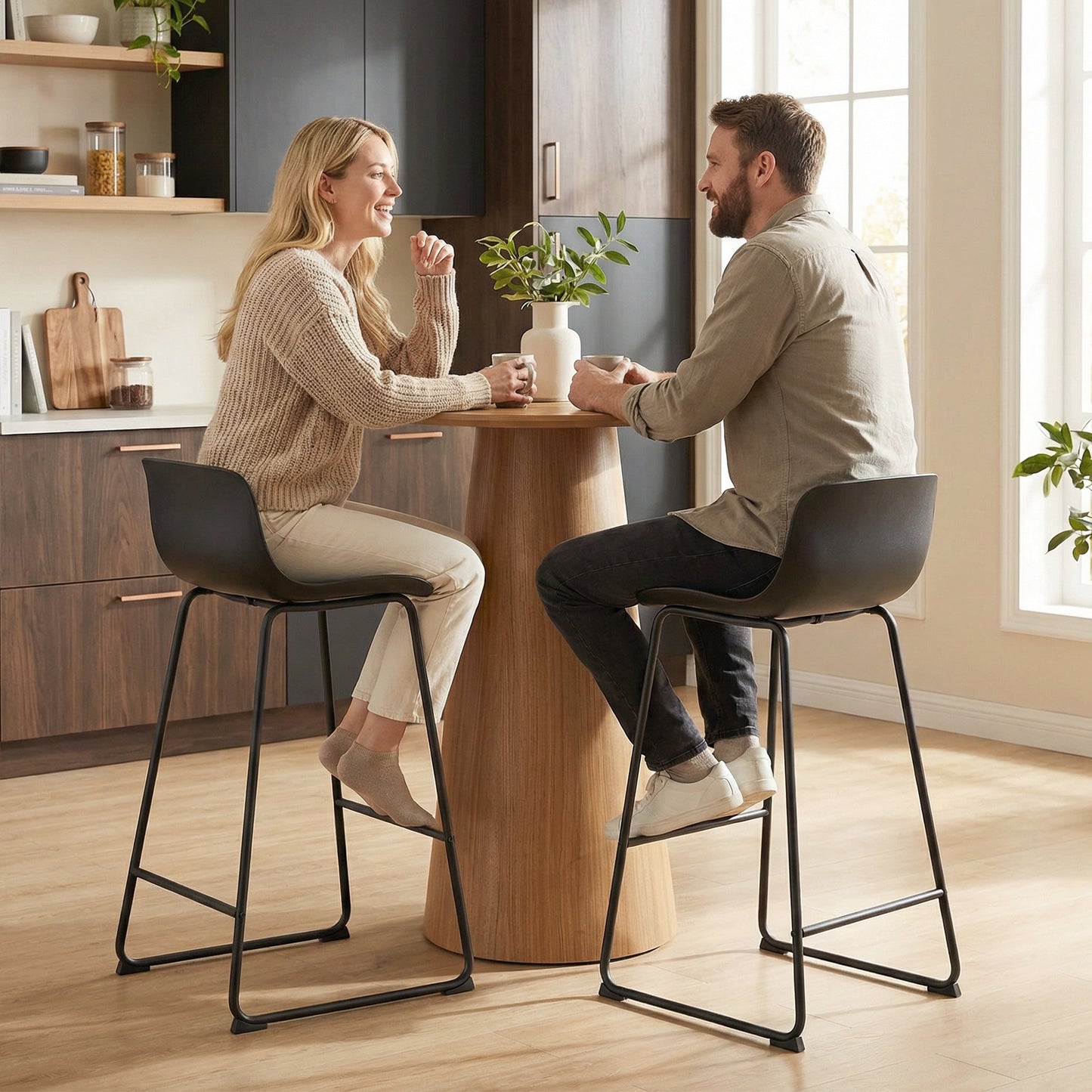 HOMCOM Modern Bar Stools Set of 2, PU Leather Barstools, Counter Height Kitchen Chairs for Breakfast Bars, Dining Room, Black
