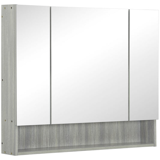 Photo of kleankin Bathroom Mirror Cabinet, Wall Mounted Storage Cabinet with Adjustable Shelves, 3 Doors and Cupboards, Grey in Grey colour on a white background