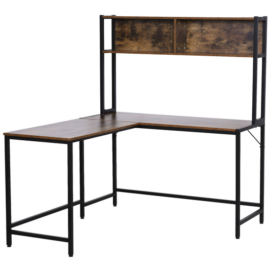 Photo of HOMCOM L Shaped Desk with Book Shelf, Industrial Corner Computer Desk, Writing Table with Steel Frame for Home Office, Bedroom, Study Room, 140 x 125cm, Brown in Brown colour on a white background