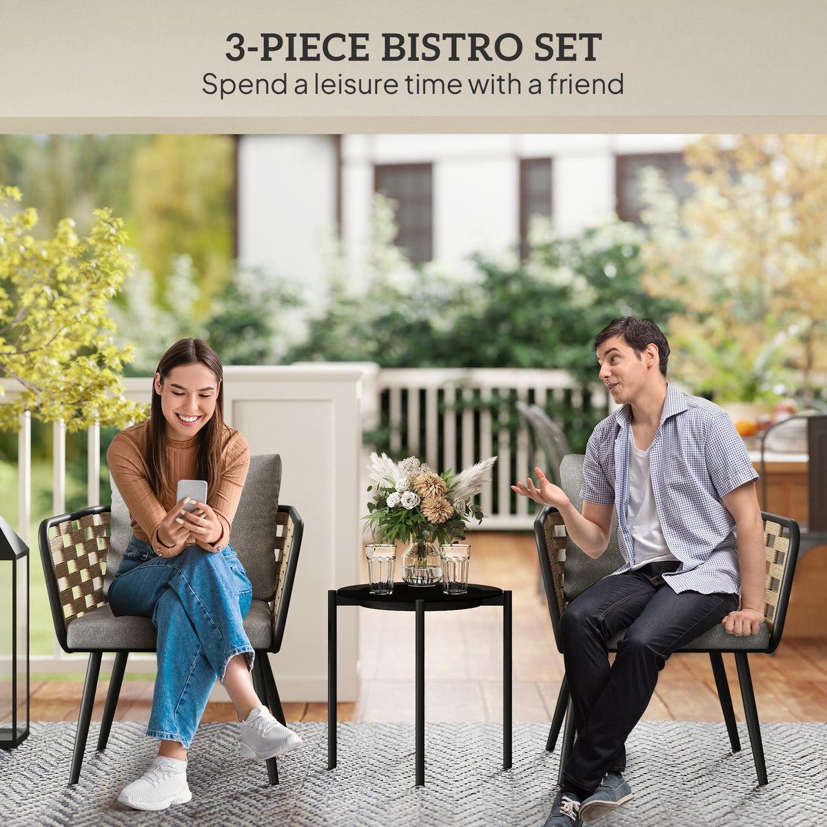 Outsunny 3 Pieces Rattan Bistro Set with Washable Seat and Back Cushions, Glass Top Coffee Table, for Outdoor, Patio, Black