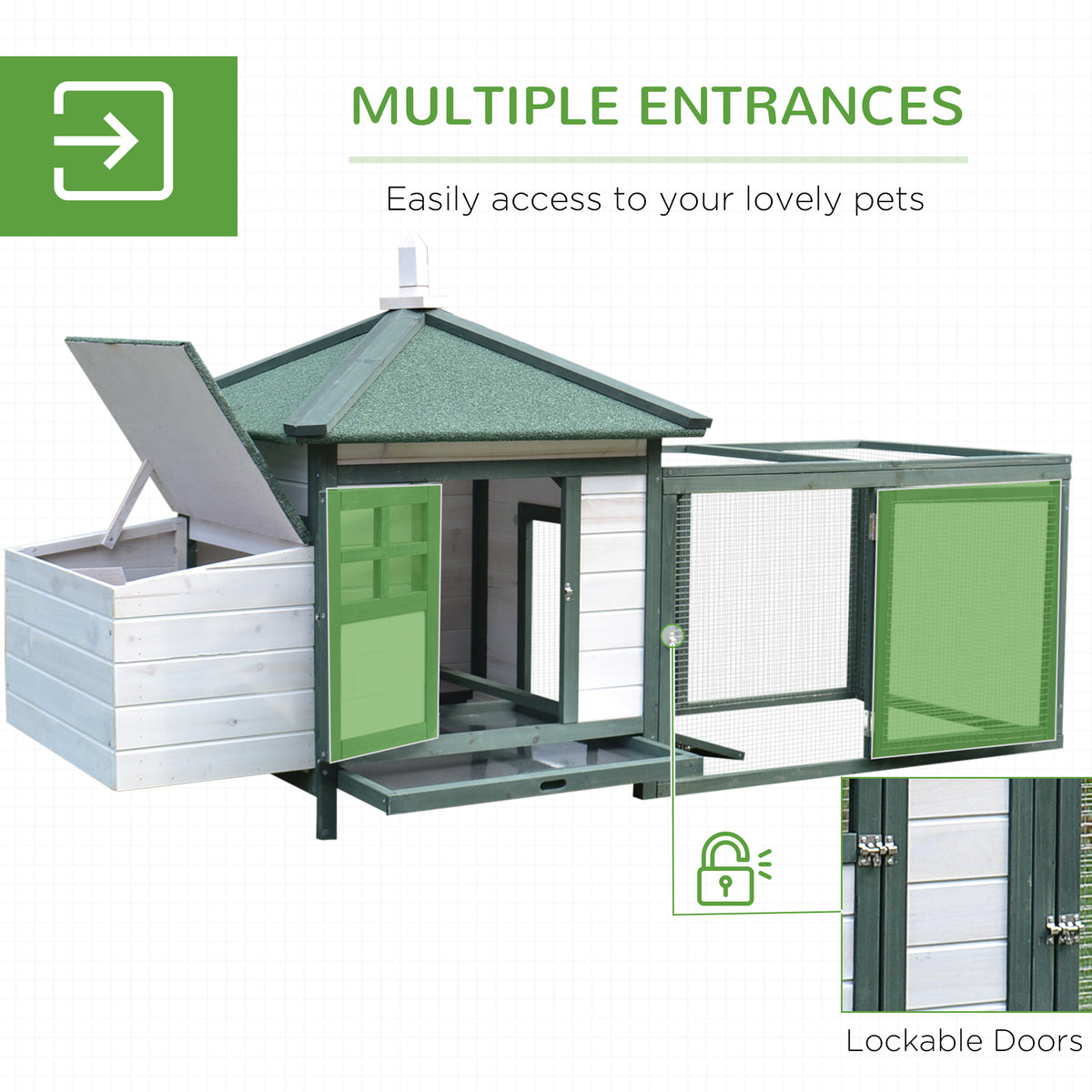 PawHut chicken coop with multiple access doors and an open nesting box