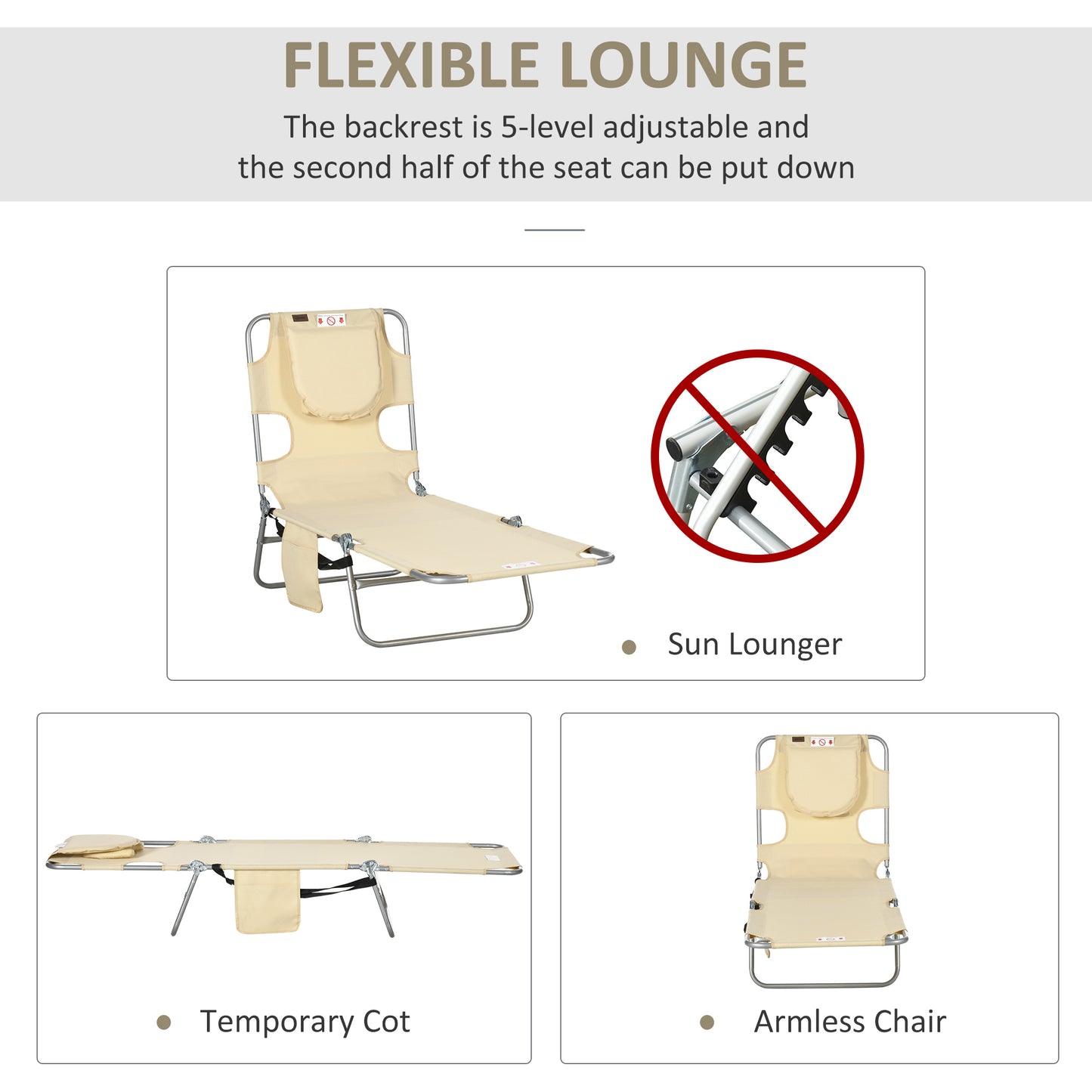 Outsunny Foldable Sun Lounger, Beach Chaise Lounge with Reading Hole, Arm Slots, 5-Position Adjustable Backrest, Side Pocket, Pillow for Garden, Beach, Camping, Beige
