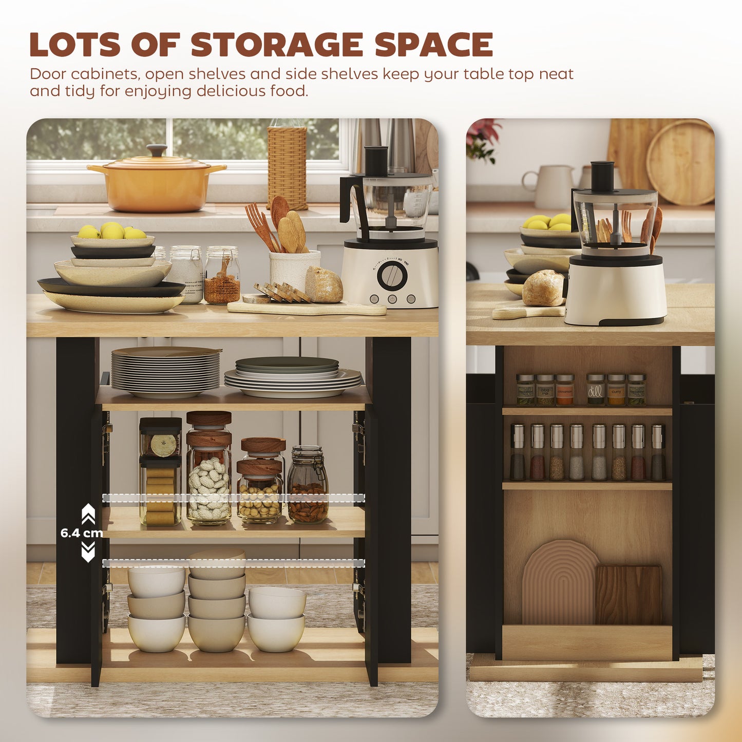 HOMCOM Kitchen Island with Spice Rack, Kitchen Storage with Large Tabletop for 4 People, Adjustable Shelves Black & Natural
