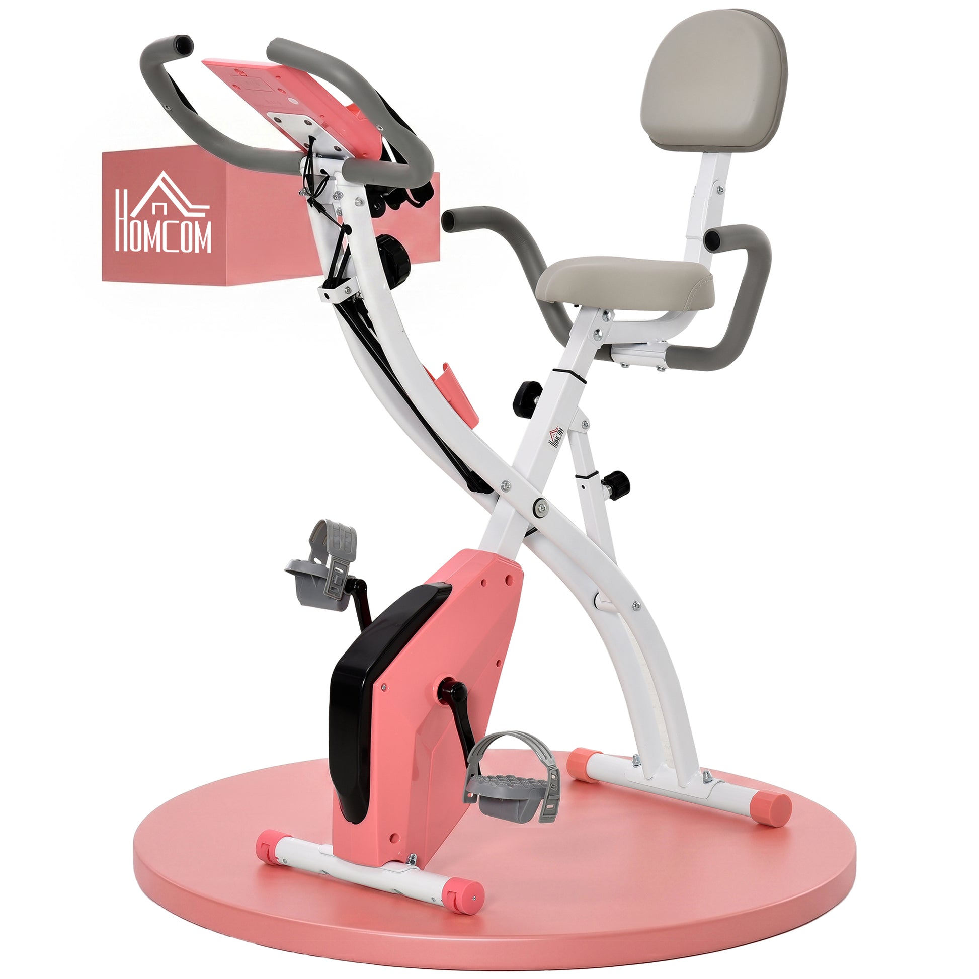 Photo of HOMCOM 2-in-1 Folding Exercise Bike with 8-Level Magnetic Resistance, Arm Resistance Band, Pulse Sensor, Pink in Pink colour on a white background