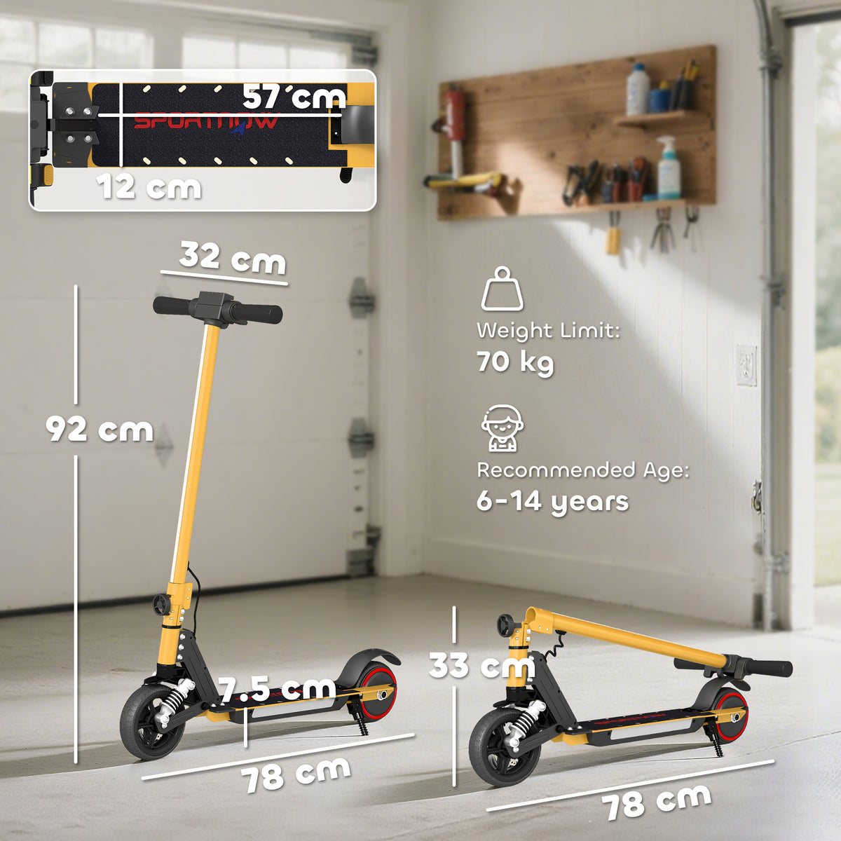 SPORTNOW scooter shown upright and folded, with dimensions and weight limit details