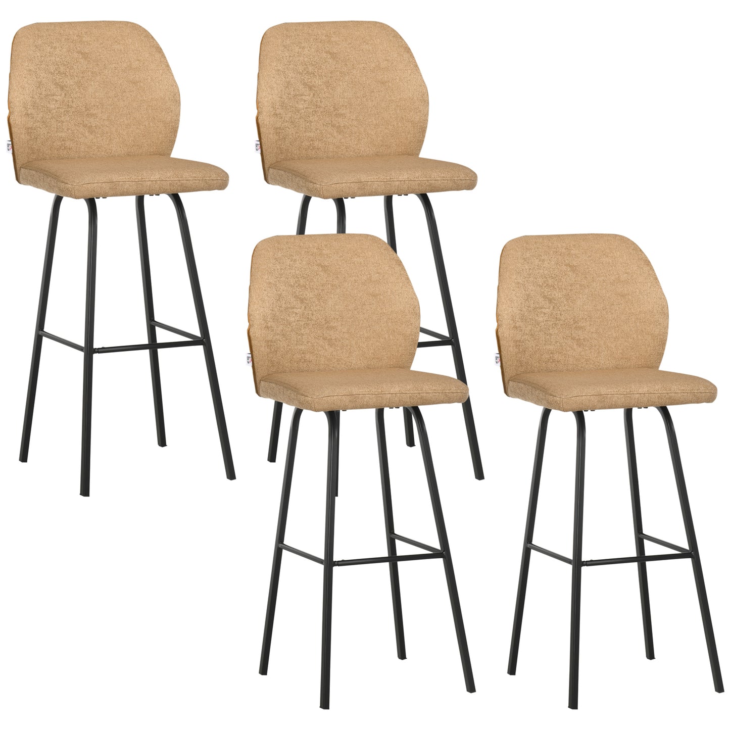 Photo of HOMCOM Bar Stools Set of 4, Linen-Touch Upholstered Bar Chairs, Kitchen Stools with Backs and Steel Legs for Dining Room, Light Brown in Brown colour on a white background