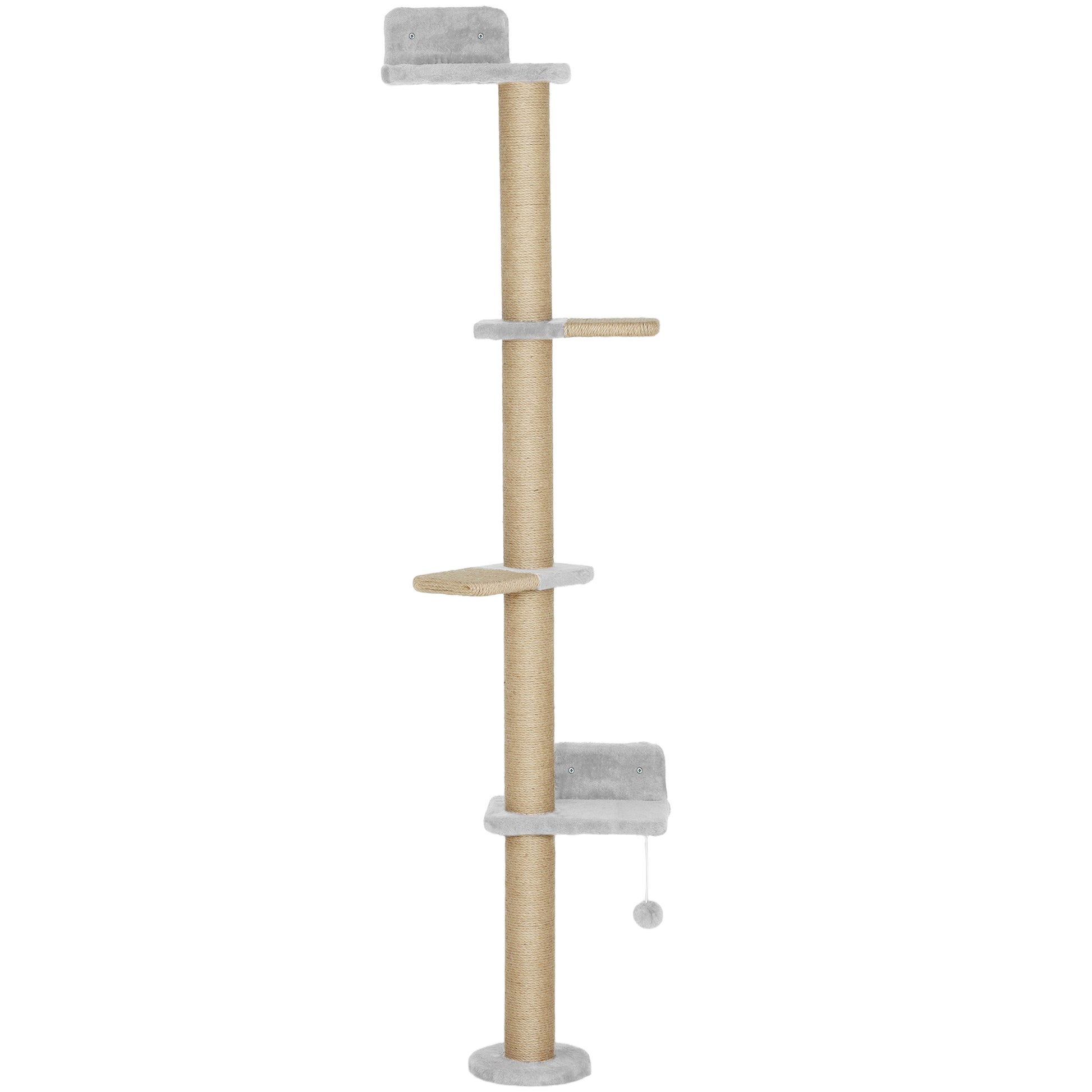 Photo of PawHut Wall Mounted Cat Shelves, Cat Climbing Wall with 4 Climbing Platforms, Jute Scratching Post and Toy Ball,180cm Tall, Light Grey in Grey colour on a white background