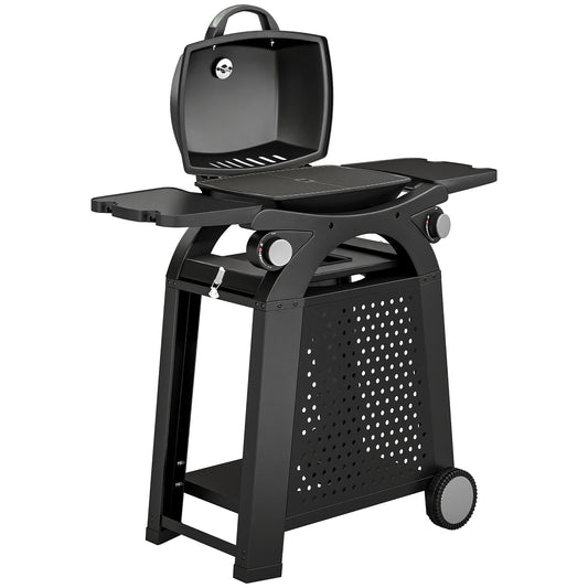 Photo of Outsunny 2 Burner Gas Grill with 2 Side Tables, 3.8 KW Barbecue Grill with Cast Iron Grates, 2-in-1 Tabletop BBQ with Wheels in Wheels colour on a white background