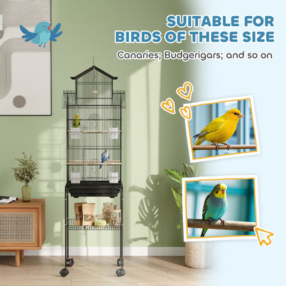 PawHut tall bird cage on a wheeled stand, shown with small birds