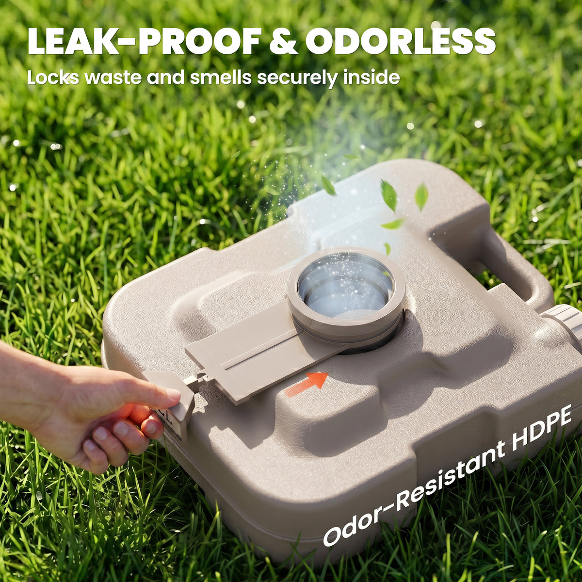 Grey waste tank with sealed cap and locking latch
