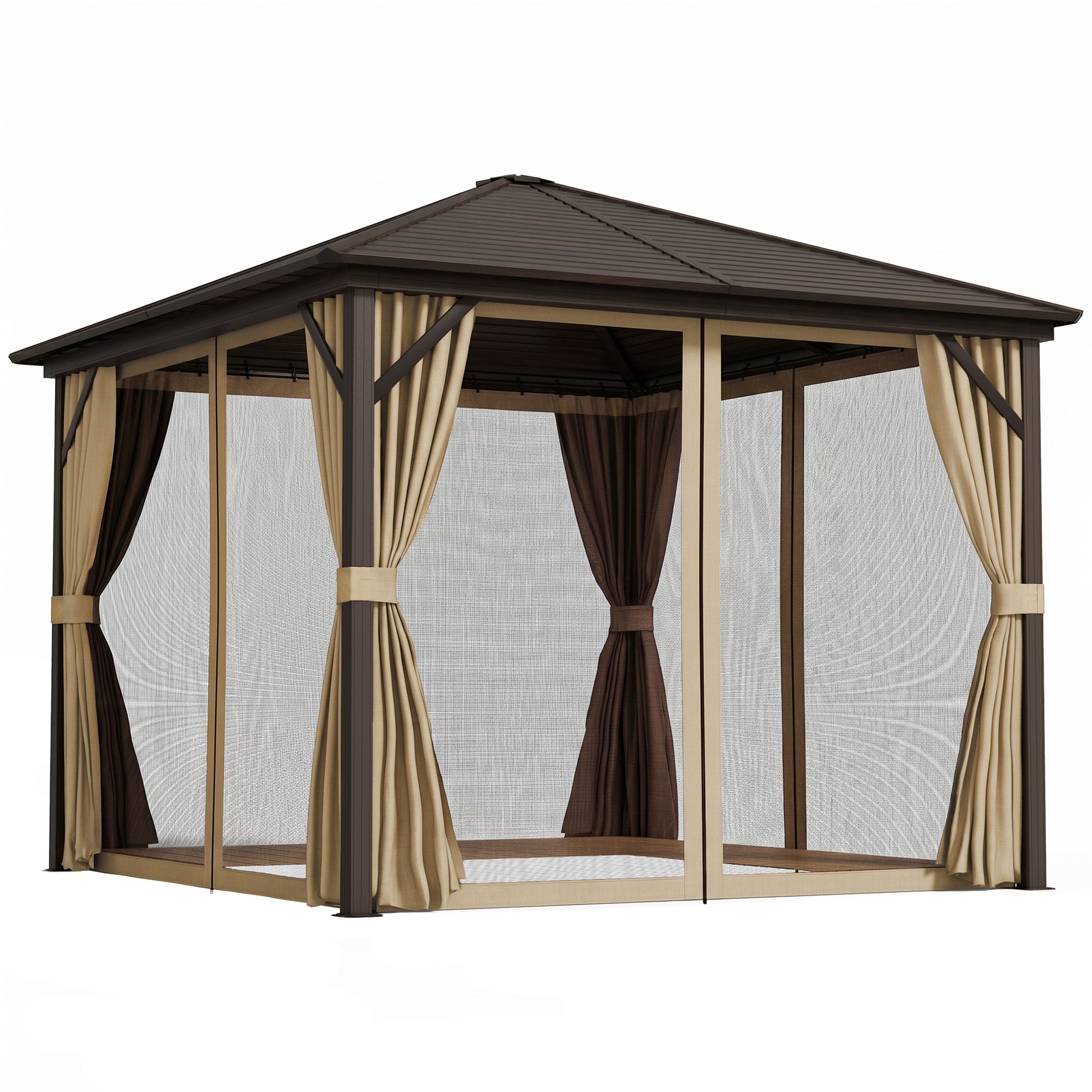 Photo of Outsunny 3 x 3(m) Metal Hardtop Gazebo, with Curtains and Accessories - Brown in Brown colour on a white background