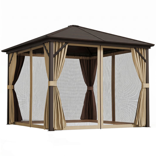 Photo of Outsunny 3 x 3(m) Metal Hardtop Gazebo, with Curtains and Accessories - Brown in Brown colour on a white background