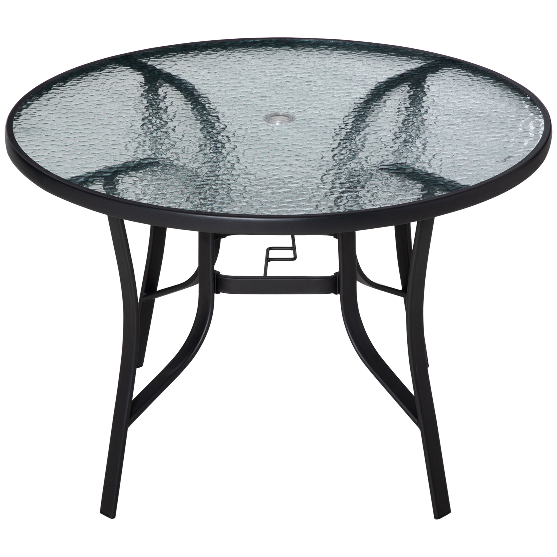 Photo of Outsunny 106cm Round Garden Dining Table with Parasol Hole, Tempered Glass Top, Steel Frame in Frame colour on a white background