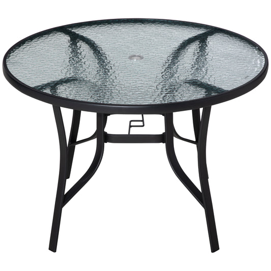 Photo of Outsunny 106cm Round Garden Dining Table with Parasol Hole, Tempered Glass Top, Steel Frame in Frame colour on a white background